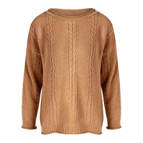 Cable Knit Sweater with Side Slit - Light Brown One Fansmadedirect