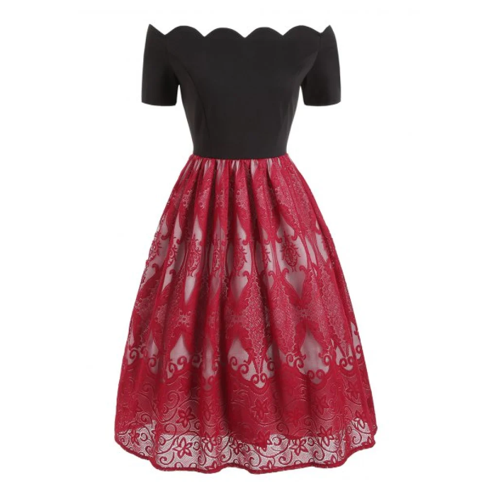 calloped Lace Insert hort leeve Vintage Dress - Red Fansmadedirect