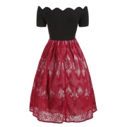 calloped Lace Insert hort leeve Vintage Dress - Red Fansmadedirect