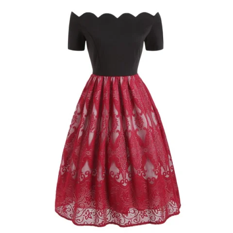 calloped Lace Insert hort leeve Vintage Dress - Red Fansmadedirect