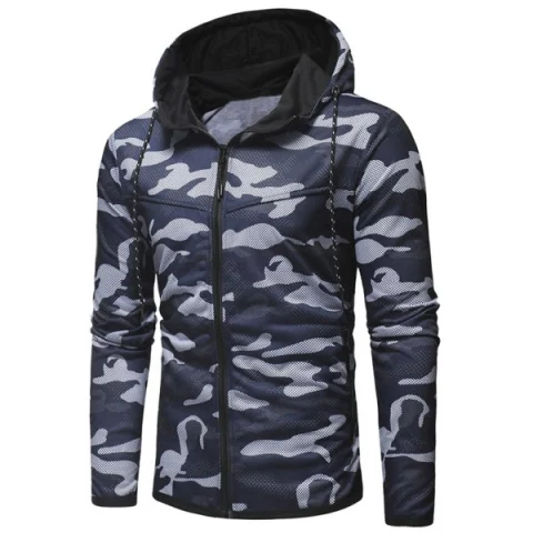 Camo Drawstring Zipper Hoodie - Cadetblue Fansmadedirect