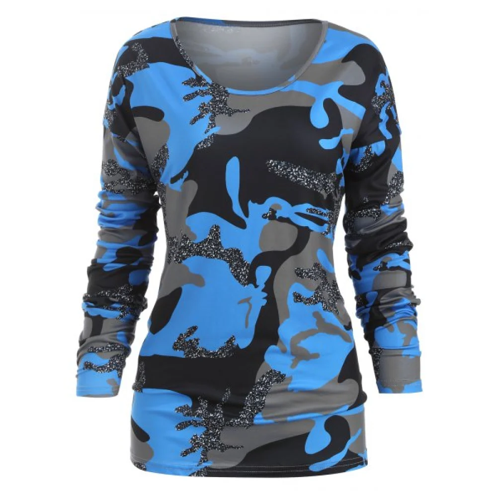 Camo Drop Shoulder Loose Sweatshirt - Blue Fansmadedirect