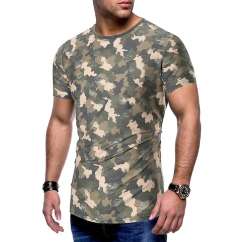 Camouflage Print Destroy Wash Slim Fit Tee - Army Green Fansmadedirect