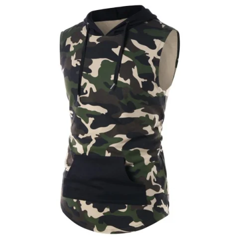 Camouflage Print Sleeveless Drawstring Hoodie - Acu Camouflage Fansmadedirect