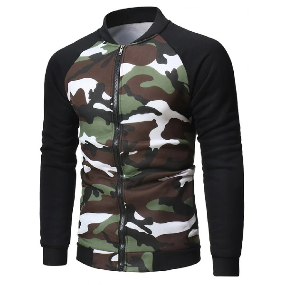 Camouflage Printed Raglan Sleeve Zipper Jacket - White Fansmadedirect
