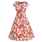 Cap Sleeve Floral Print High Waist Dress - Fansmadedirect