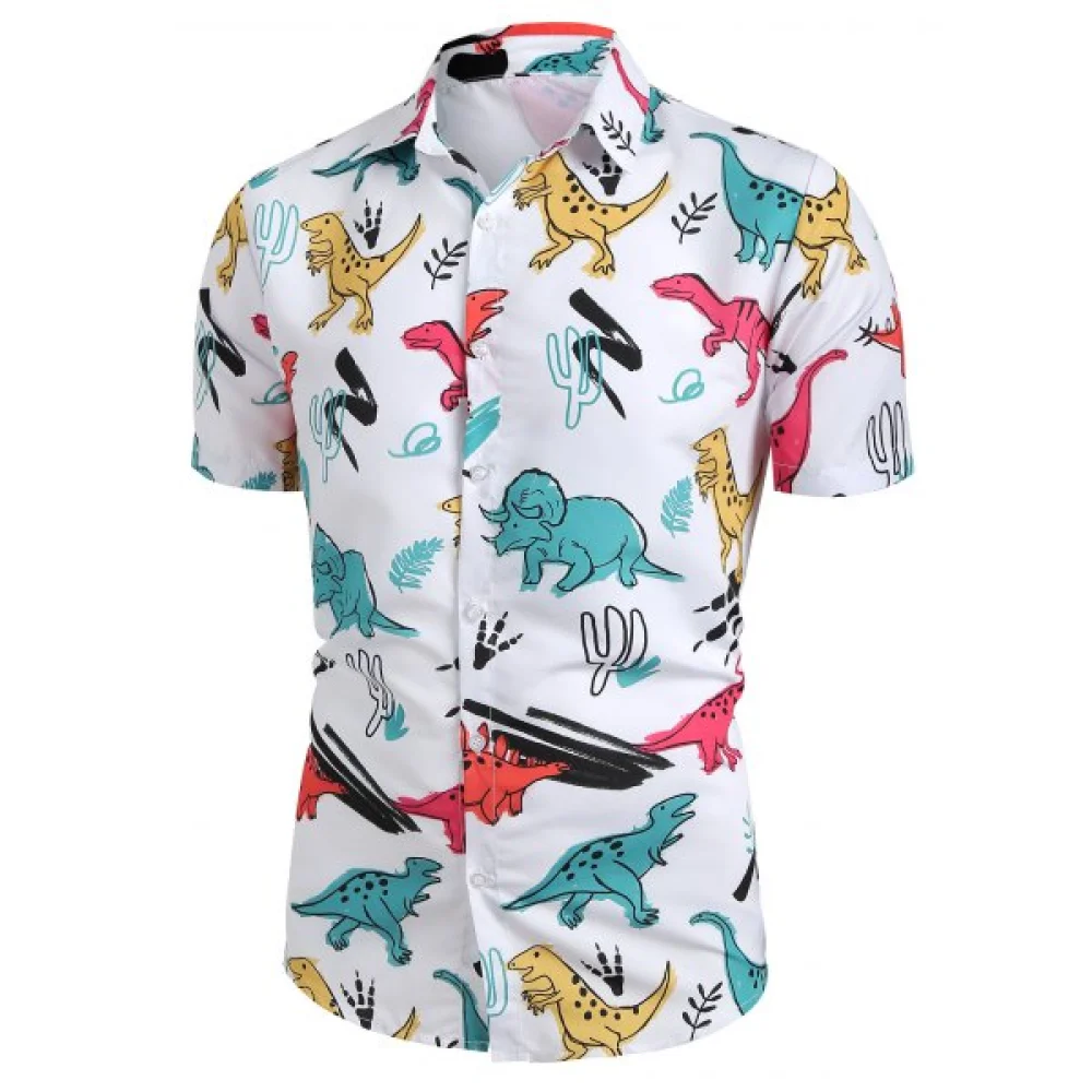 Cartoon Dinosaur Print Button Up hirt - White Fansmadedirect