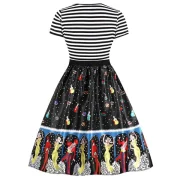 Cartoon Figure Print triped Panel A Line Dress - Black Fansmadedirect