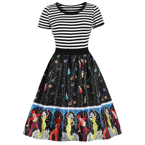 Cartoon Figure Print triped Panel A Line Dress - Black Fansmadedirect