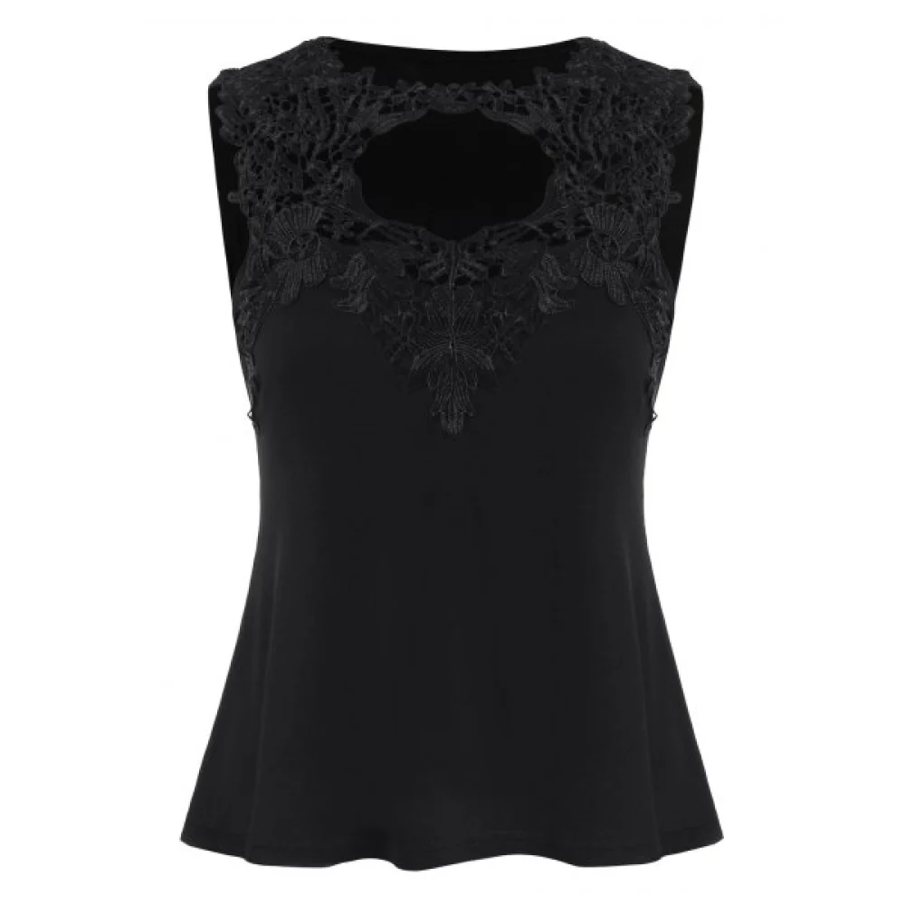 Casual Cutout Floral Applique Tank Top - Black Fansmadedirect