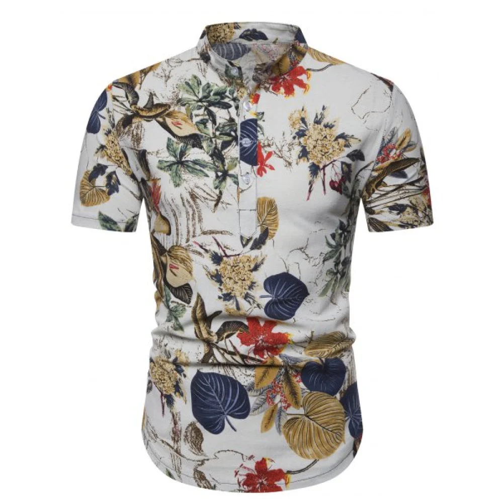 Casual Flower Plant Print Short Sleeves Shirt - White Fansmadedirect
