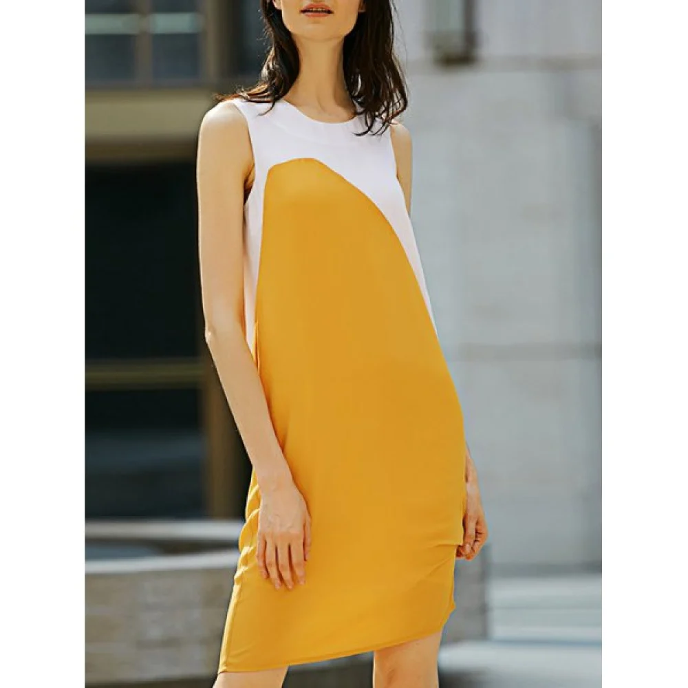 Casual Round Collar Sleeveless Color Block Straight Women Dress - White And Yellow Fansmadedirect