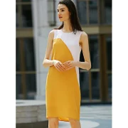 Casual Round Collar Sleeveless Color Block Straight Women Dress - White And Yellow Fansmadedirect