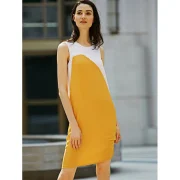 Casual Round Collar Sleeveless Color Block Straight Women Dress - White And Yellow Fansmadedirect