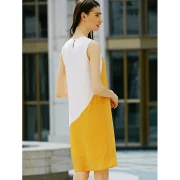 Casual Round Collar Sleeveless Color Block Straight Women Dress - White And Yellow Fansmadedirect