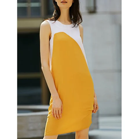 Casual Round Collar Sleeveless Color Block Straight Women Dress - White And Yellow Fansmadedirect