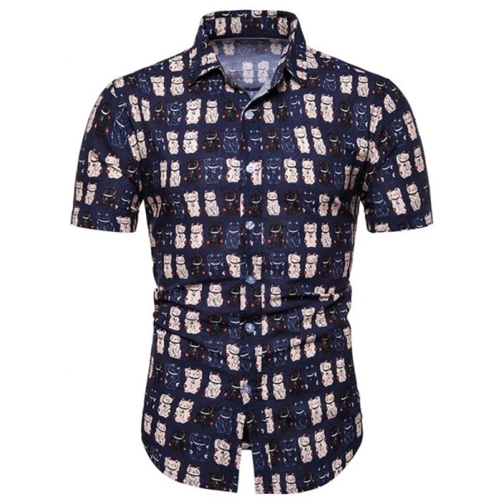 Cat Pattern Design Short Sleeves Shirt - Deep Blue Fansmadedirect