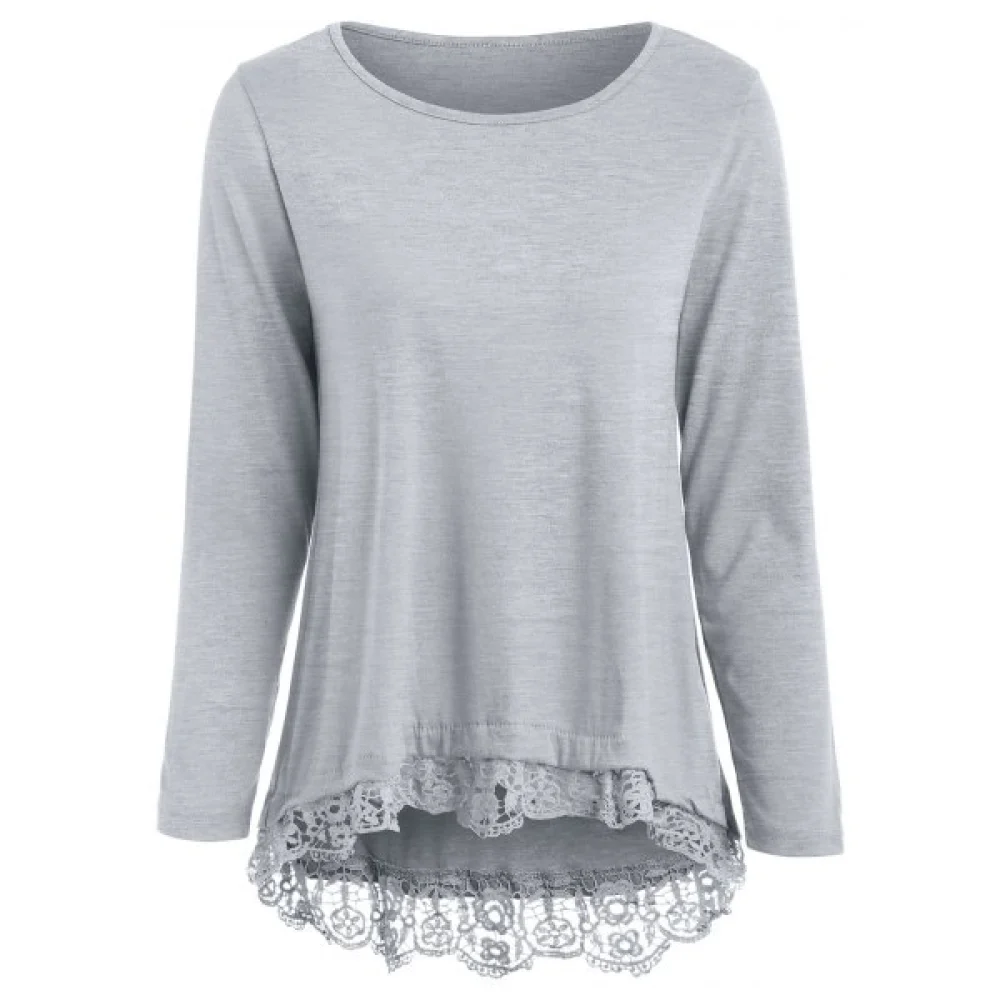 Charming Lace pliced Hem Long leeve Gray T-hirt For Women - Gray Fansmadedirect