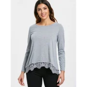 Charming Lace pliced Hem Long leeve Gray T-hirt For Women - Gray Fansmadedirect