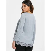 Charming Lace pliced Hem Long leeve Gray T-hirt For Women - Gray Fansmadedirect