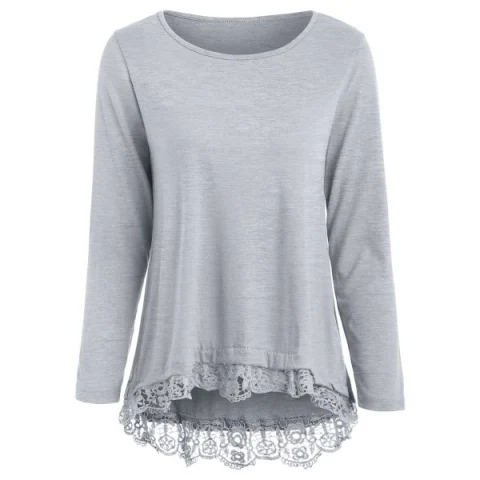 Charming Lace pliced Hem Long leeve Gray T-hirt For Women - Gray Fansmadedirect
