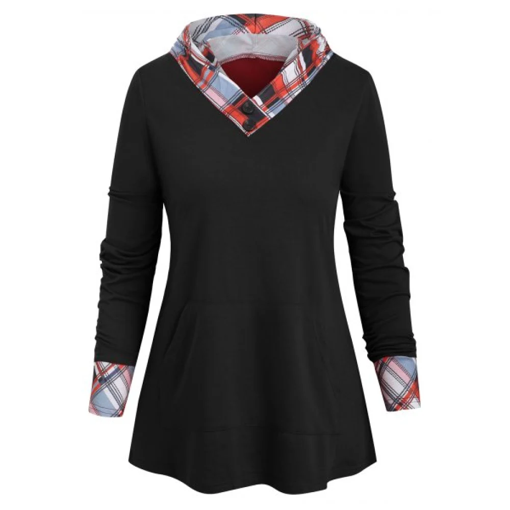 Checked Panel Hooded Long leeve Top - Black Fansmadedirect