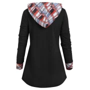 Checked Panel Hooded Long leeve Top - Black Fansmadedirect