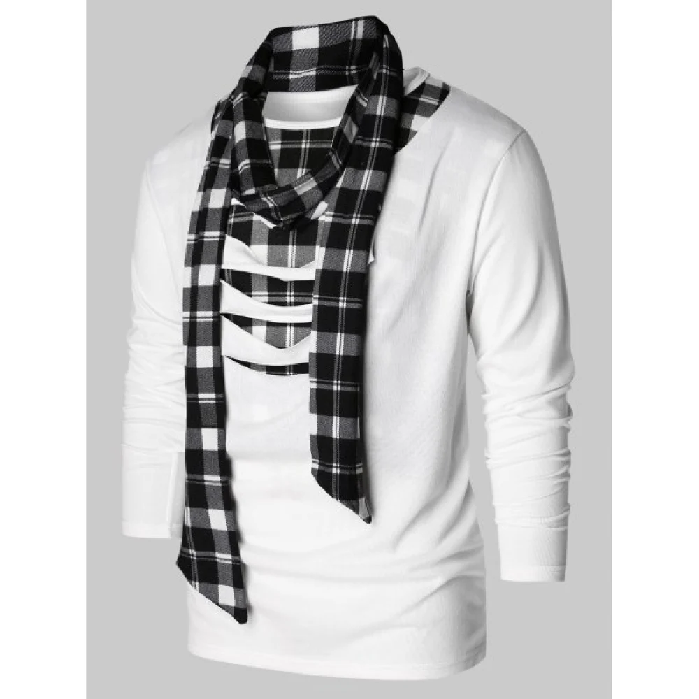 Checked Print Destroyed Scarf Collar T-shirt - White Fansmadedirect