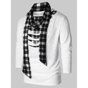 Checked Print Destroyed Scarf Collar T-shirt - White Fansmadedirect