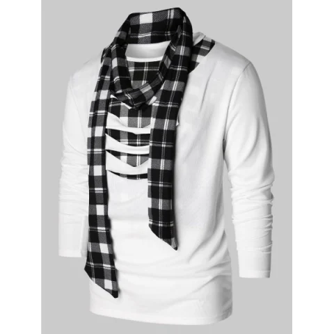 Checked Print Destroyed Scarf Collar T-shirt - White Fansmadedirect