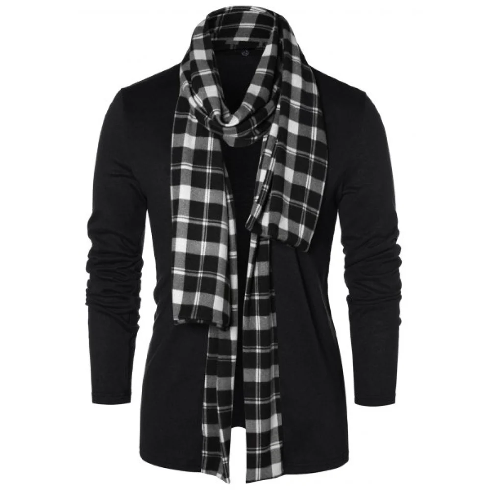 Checked Print Open Front Longline Cardigan - Black Fansmadedirect