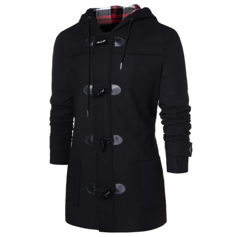 Checked Print Panel Hooded Duffle Coat - Black Fansmadedirect