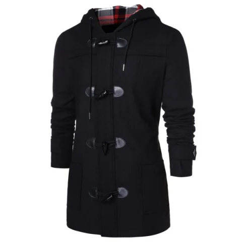 Checked Print Panel Hooded Duffle Coat - Black Fansmadedirect