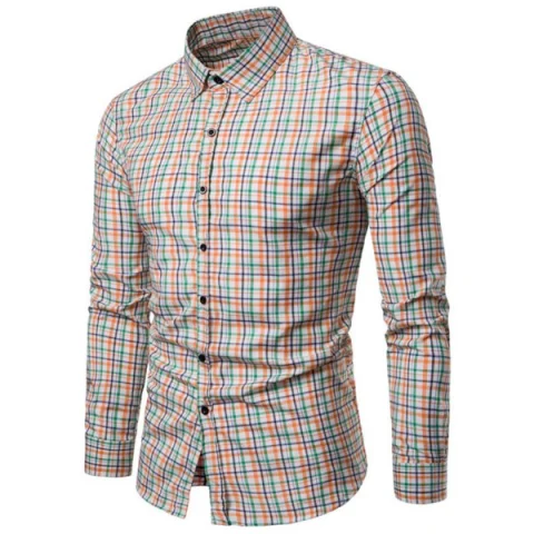 Checked Print Turndown Collar Button Up hirt - Khaki Fansmadedirect