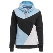 Chic Hooded Long Sleeve Color Block Pocket Design Women's Hoodie - Blue And White Fansmadedirect