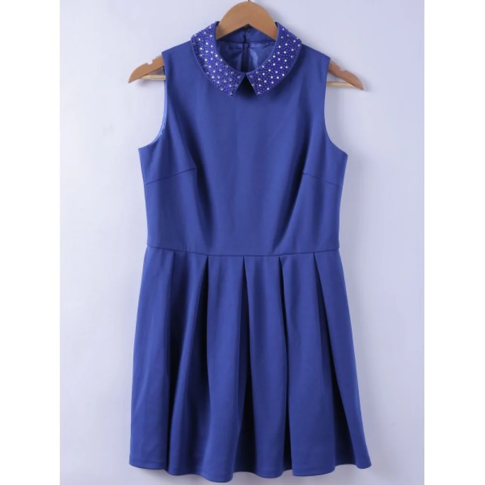 Chic Studs Embellished Turn-down Collar Blue A-line Dress For Women - Blue Fansmadedirect
