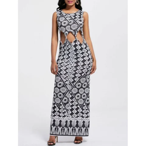 Chic Women's Cut Out Sleeveless Floral Print Dress - White And Black Fansmadedirect