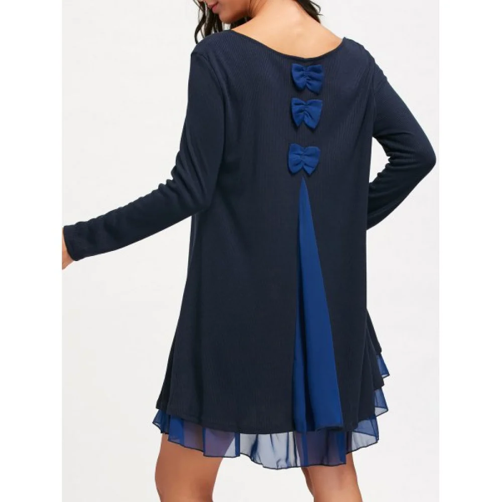 Chiffon Insert ong Sleeve Swing Dress - Purplish Blue Fansmadedirect