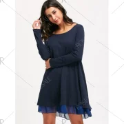 Chiffon Insert ong Sleeve Swing Dress - Purplish Blue Fansmadedirect