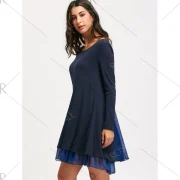 Chiffon Insert ong Sleeve Swing Dress - Purplish Blue Fansmadedirect