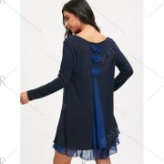 Chiffon Insert ong Sleeve Swing Dress - Purplish Blue Fansmadedirect