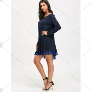 Chiffon Insert ong Sleeve Swing Dress - Purplish Blue Fansmadedirect