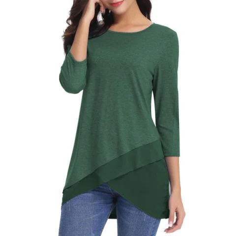 Chiffon Panel Asymmetric Round Neck Tee - Green Fansmadedirect