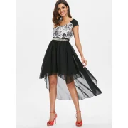 Chiffon Panel equin Waist High Low Dress - Black Fansmadedirect