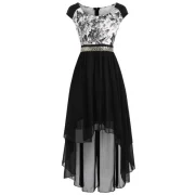 Chiffon Panel equin Waist High Low Dress - Black Fansmadedirect