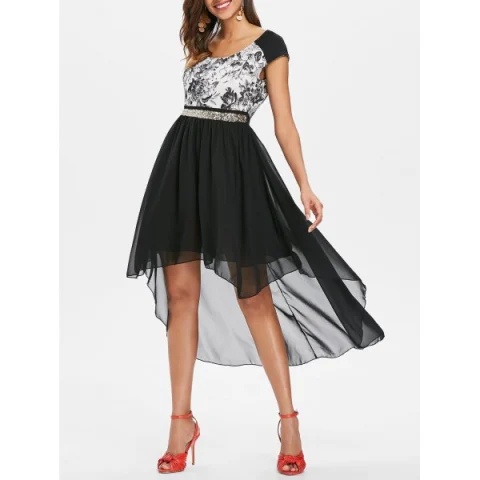 Chiffon Panel equin Waist High Low Dress - Black Fansmadedirect