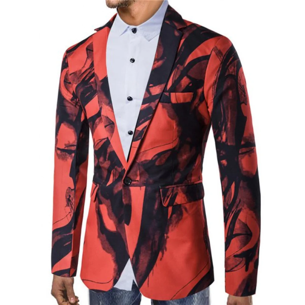 Chinese Style Ink Painting Print One Button Pocket Blazer - Red Fansmadedirect