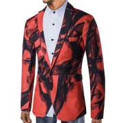 Chinese Style Ink Painting Print One Button Pocket Blazer - Red Fansmadedirect