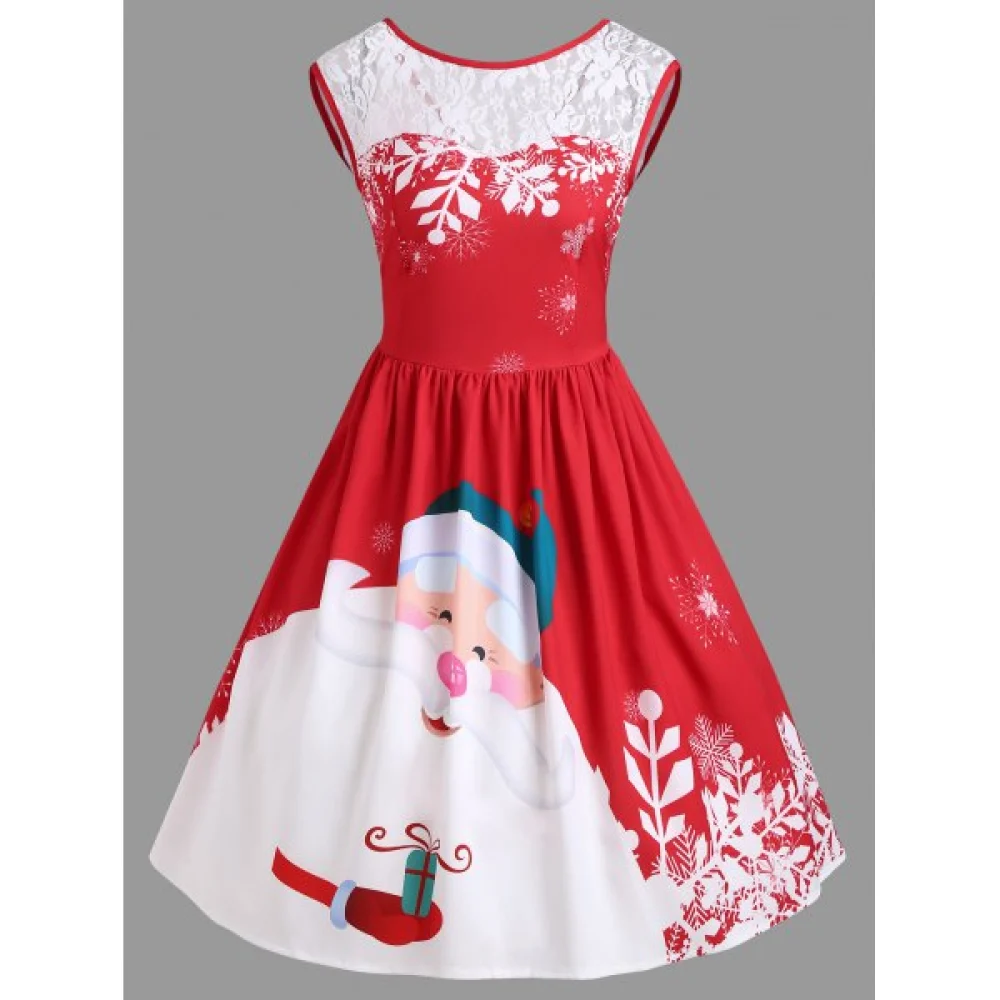 Christmas ace Insert Santa Claus Print Party Dress - Red Fansmadedirect