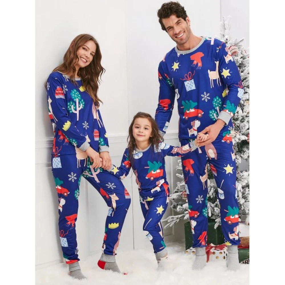 Christmas Cartoon Animal Print Family Pajama Sets - Blue Dad Fansmadedirect